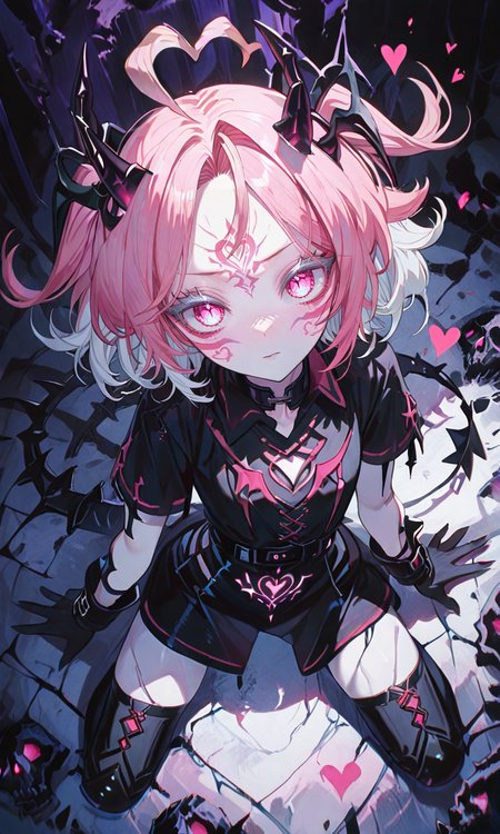 masterpiece,best quality,absurdres,very aesthetic,very awa,highres,newest,year 2024,year 2023,<lora:NLSTN-IL_1412568:1>,nlstn,glowing,dark,<lora:illustrious_quality_modifiers_masterpieces_v1_956369:0.7>,<lora:ponyv4_noob1_2_adamW-000017:0.7>,<lora:spo_sdxl_10ep_4k-data_lora_webui:0.6>,<lora:add-detail-xl:0.9>,<lora:KonyaKarasue-000008:0.4>,<lora:Isha_Illus_XL_1131795:0.6>,ishaILXL,heart ahoge,pink eyes,skinny,multicolored hair,white hair,pink hair,24 yo,24 year old girl,(white eyelashes:1.2),dynamic background,detailed,womb tattoo,dynamic_angle,flat chest,looking at viewer,facial mark,
A dark eerie digital high angle painting of a humanoid figure with a skull-like head black tattered clothing and sharp spikes on its back kneeling in a desolate white textured background,from above,