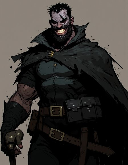 Ev Ganin style. This is a digital drawing in a dark, gritty comic style, featuring a muscular, imposing figure of a man with a rugged, bearded face. The man has a thick, dark beard and mustache, and his face is covered with a menacing grin, showcasing sharp teeth. His eyes are piercing, and he has a wild, untamed look. He sports a black, tattered cloak that drapes over his shoulders and arms, giving him a menacing appearance. <lora:Ev_Ganin:1.0>