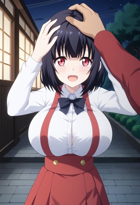 score_9,score_8_up,score_7_up,score_6_up, source_anime, BREAK, 
(headpat, 1boy pov hands), (upper body shot),  
Hiraki Hanako, solo, 1girl, (huge breasts), pale skin, short hair, black hair, bangs, red eyes, fangs, school uniform, collared shirt, white shirt, long sleeves, high-waist skirt, suspenders, red skirt, mini skirt, white socks, loafers, 
surprised, (tears:1.2), (tear drops), looking up, crows pose, 
outdoors, (at night:1.3),
