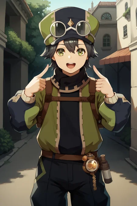 score_9, score_8_up, score_7_up, detailed face, masterpiece, best quality, 
in a building,
<lora:Jean_Fire_Emblem_Engage:1>
1boy, solo, green eyes, black hair, hat, goggles, goggles on headwear, outdoors, looking at the viewer, mouth open, :O, cowboy shot,
 <lora:DuoIndexFingerPointingAtSelf_XLPD:1> duofinger, pointing at self