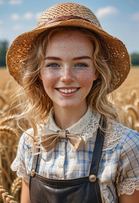 epiCRealism, 1girl, portrait of a farmer girl, bellissima, petit, slender, open smile, wearing leather apron over a checkered white and beige blouse, short sleeves, lace collar and lace on sleeves' rim, neck bow, messy and wavy blond hair, clean blue eyes, natural  beauty, no makeup, big eyes, freckles, large torn straw pointy hat , honest and cute face, wheat field being harvested in the background, hot summer day, sweat brow and temples, warm smile, parted lips, art by mooncryptowow, Detailed natural skin and blemishes without-makeup and acne