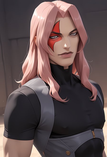masterpiece, best quality, amazing quality, abstract background, BREAK
1boy, solo, male focus, dds_bat, pink hair, long hair, face mark, grey eyes, lipstick, clothed, BREAK
<lora:cfg_scale_boost:.6>   <lora:Bat_-_Digital_Devil_Saga_-_ILXL:0.8>