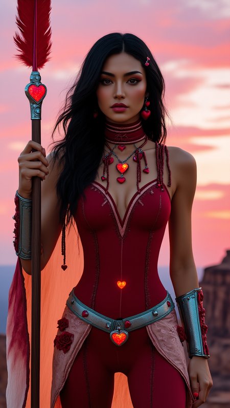 Ayla Rosehawk radiates fierce grace, her bronze skin glowing under the soft light of a pink-hued sunset. Her jet-black hair cascades in glossy waves, adorned with crimson beads, delicate feathers, and tiny silver charms shaped like hearts. Her almond-shaped eyes, lined with scarlet accents, hold an intensity that speaks of a protectorâs resolve and a loverâs passion.
Her suit is a fusion of tradition and modern elegance: a sleek crimson bodysuit with intricate floral embroidery and heart-shaped accents, cinched with a shimmering belt of silver and turquoise. A high-collared cape of sheer, flowing fabric trails behind her, blending shades of red and rose gold with delicate patterns of feathers and roses. Her arms are adorned with ornate bracers, and a choker bearing a glowing ruby pendant rests at her throat. Posed atop a towering mesa, Ayla holds a red feathered staff tipped with a luminous heart-shaped gem, her silhouette framed by the glowing horizon as she prepares to defend love and unity.
Perfect hand, Detailed hand, JordynMixer, CerysMixer