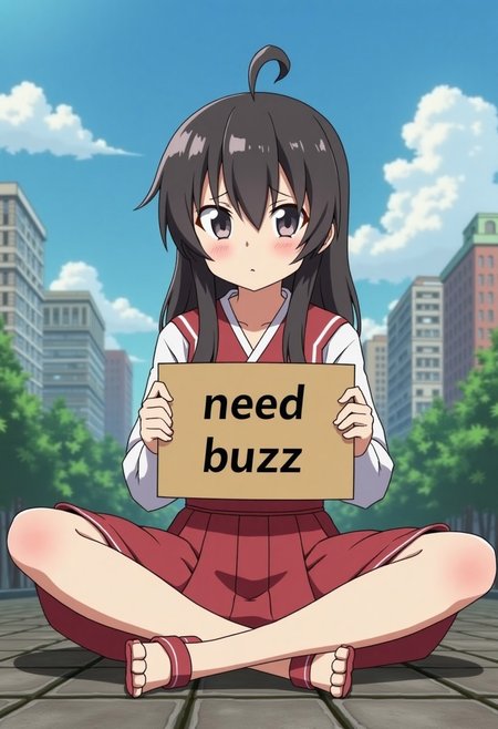 konosuba megumin, sitting, legs in lotus position, anime city in the background, between legs there is a sign "need buzz" sad face, looking at the viewer