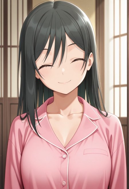masterpiece,best quality,amazing quality, yae amagami, long hair, black hair, green eyes, 1girl, solo, closed eyes, smile, pajamas, upper body, closed mouth, shirt, facing viewer, collarbone
