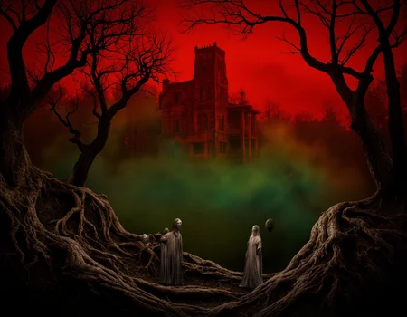 <lora:Staggering:0.85> staggering, Surreal haunted landscape, twisted trees with faces, abandoned gothic mansion silhouette against a blood-red sky, fog rolling over gnarled roots, spectral figures in ragged gray cloaks, eerie green light, digital painting, horror fantasy, highly detailed, atmospheric, ominous . 35mm photograph, film, bokeh, professional, 4k, highly detailed