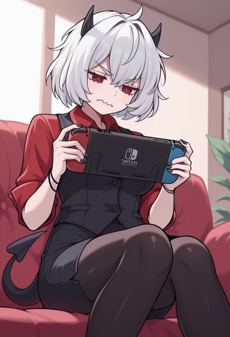 masterpiece, best quality, newest, feet out of frame, solo, 1girl, mal1na, black tail, demon tail, wavy mouth, looking down, sitting, on couch, holding handheld game console, nintendo switch, short hair, white hair, black horns, demon horns, red eyes, jitome, v-shaped eyebrows, black vest, waistcoat, red shirt, collared shirt, sleeves rolled up, black skirt, pencil skirt, black pantyhose, bracelet, black nails, indoors, living room
<segment:yolo-face_yolov8m.pt,0.4,0.5//cid=1>
