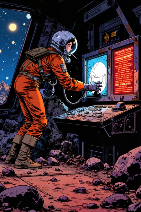 On the deck of a derelict spaceship drifting through a field of shattered asteroids, a scavenger in a rusted pressure suit wipes the dust from a glowing warning screen. The cracked display flickers erratically, broadcasting a looping distress signal in a language last spoken before Earth was lost. Outside the cracked viewport, stars burn cold and distant, their light reflecting off the jagged remains of vessels long forgotten. The scavengerâs boots scrape against the rusted metal floor, the sound swallowed by the oppressive silence of deep space. A single, flickering red light pulses rhythmically on the console, casting eerie shadows against the decayed walls. The words on the screen twist and glitch, shifting between static and something that looks eerily like a countdown. The ship groans, metal warping under unseen forces, as if something vast and hungry stirs in the void beyond. The scavenger exhales, their breath fogging up their cracked visor as they whisper the translation of the message aloud. The words leave their lips just as the countdown reaches zero. , detailed background  Fantastic lighting. Detailed shadows.intricate details, vivid colors, hyper-detailed, ultra-sharp, , , ,meiman_style,This is a retro comic book style digital illustration,  <lora:meimanstylev2:0.4><lora:Vintage comic book:0.4><lora:RetroAnimeFluxV1:0.15><lora:Greg_Capullo_style:0.4><lora:jeanClaude_Mzires_Style_FLUX-000001:0.4><lora:Flux_Ink_Anime:0.4>