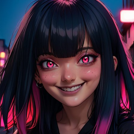 LowKeyLights,
1girl,solo,long hair,looking at viewer,blush,smile,bangs,black hair,red eyes,pink hair,multicolored hair,parted lips,fang,blunt bangs,two-tone hair,glowing,piercing,slit pupils,ear piercing,portrait,glowing eyes,colored inner hair
 <lora:low_key_lights_XL:0.8>