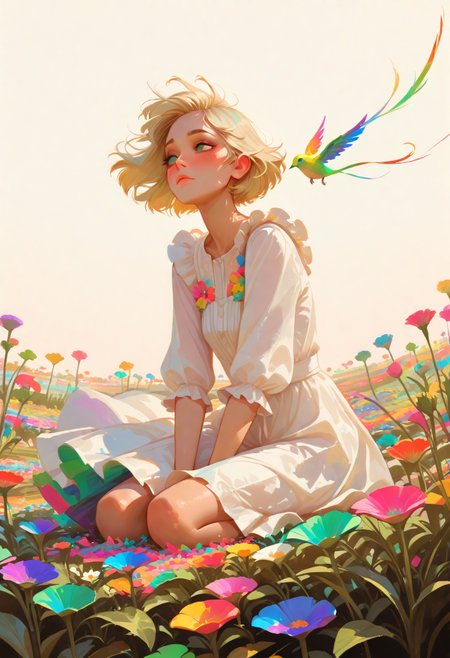 Artist : Tsuaii, Artist : Incase, flat colors, high detailed, high quality, masterpiece, best quality, very awa, absurdres, detailed eyes, detailed face, detailed skin, simple background, BREAK
(colorful:1.3), (cute character:1.5), 1girl sitting in flower field, long blonde hair, hair flying in wind, windy, big emerald green eyes, white dress with ruffles, tall flowers, detailed background, soft pastel colors, warm and sunny atmosphere,, BREAK
 <lora:ponyv6_noobV1_2_adamW-000017:0.9> <lora:748cmSDXL:0.8> <lora:DetailedEyes_V3:1> <lora:FINALE:0.5> <lora:noobai_vpred_1_masterpieces_v1:1>