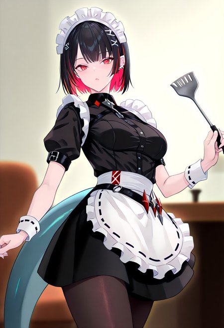 score_9, score_8_up, score_7_up, score_6_up, score_5_up, score_4_up, source_anime, solo, 1girl, 
ellen joe, black hair, colored inner hair, multicolored hair, red eyes, red hair, short hair, two-tone hair, apron, black pantyhose, black shirt, black skirt, ear piercing, fins, fish tail, maid, maid apron, maid headdress, pantyhose, piercing, puffy short sleeves, puffy sleeves, shark girl, shark tail, shirt, short sleeves, skirt, tail, two-tone hair, wrist cuffs, 
masterpiece, best quality, very aesthetic, absurdres,