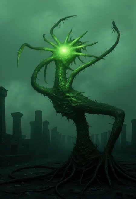 An alien creature, the Xyllith, with long, translucent tendrils glowing sickly green, emerges from a desolate, foggy landscape. Its body is serpentine, with jagged, bone-like tips and a void-like head surrounded by writhing tendrils. Sharp insect-like pincers extend from its torso, and its skin is a shifting lattice of semi-transparent scales. In the background, ancient stone ruins loom under a misty, polluted sky. The atmosphere is ominous, with an eerie glow and low hum filling the air.". <lora:- Flux1 De-Distilled - temp_haunting_cre_1.0-step00002400:1>