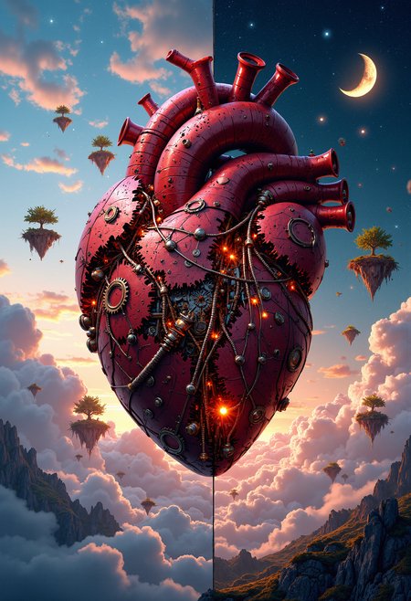 A surreal hyper-realistic scene of a giant mechanical clockwork heart suspended in the sky. The heart is intricately designed, with visible gears, pistons, and glowing tubes, pulsating with a soft red light. Instead of blood, the tubes carry shimmering golden liquid. ((The sky is divided into two halves: one side is a bright, cloudless day with a deep blue color, and the other is a starry night with a crescent moon.)) Tiny floating islands orbit around the heart, each one having a small, illuminated tree. The light from the heart casts long shadows on the islands, creating a mystical and otherworldly atmosphere. The heart beats slowly, and with each beat, the sky slightly shifts between day and night. The background is a cosmic void, blending the essence of time and space.  <lora:FluxMythP0rtr4itStyle:0.8> MythP0rt,