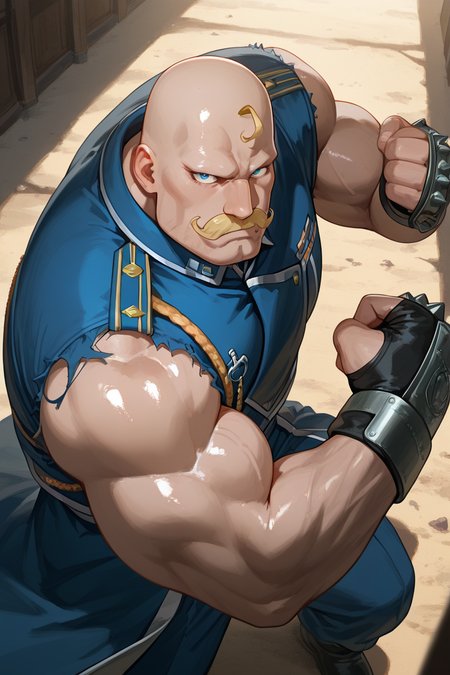 expressive manly face, 1boy, AlexArmstrong, blue eyes, bald, ahoge, AlexArmstrong_blonde_hair, No Eyebrows, Cleft Chin, Bara, Muscular, Giant, AlexArmstrong_uniform, amestris_military_uniform, Facial Hair, Magnificent Mustache, looking at viewer, manly, shiny skin, biceps flexing, uniform, armor, torn biceps, bulging muscles, belt, shadow, dynamic angle, dynamic action, atmospheric perspective, intricately detailed, depth of field, masterpiece, best quality, amazing quality, very aesthetic, absurdres, newest, very awa