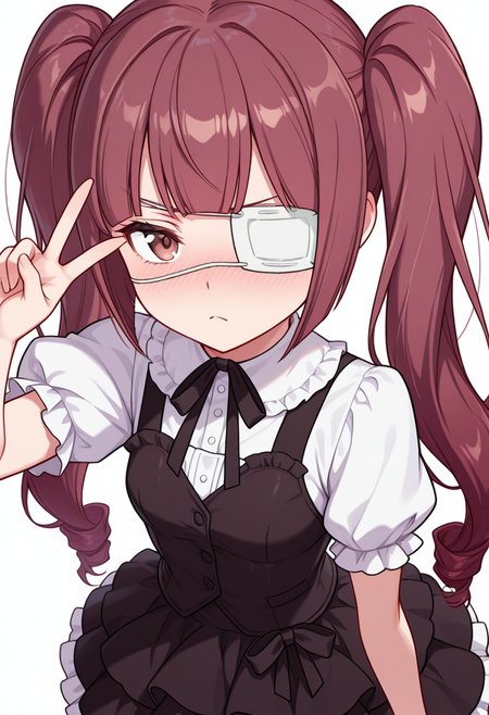 Smooth Quality,masterpiece,very intricate, high quality details, ultra realistic, high detailed skin,detailed enviorement,absurdres,
v,
 <lora:Hanazono_Yurine_CNR:0.8> yurine_cnr, brown hair,very long hair, brown eyes, medical eyepatch, frown, twintails, drill hair,, simple background, white background, dynamic angle,solo,, drunk,, waistcoat,   ,bustier,  ,layered skirt,,