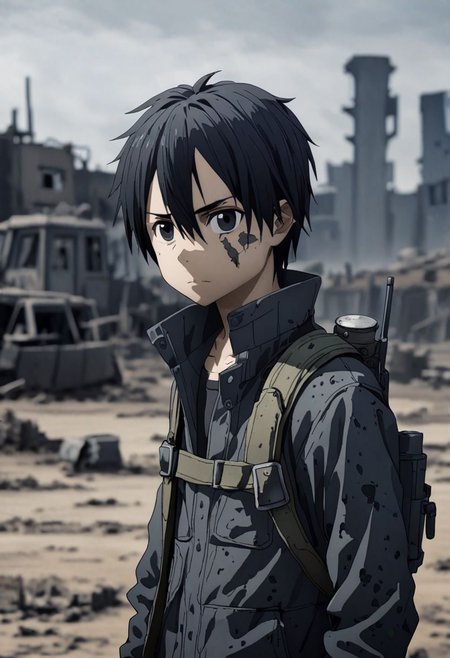high resolution, professional photography, best quality, 1Boy, Kirigaya Kazuto, Black Hair, Black Eyes, overalldetail, shallow depth of field, Post-Apocalyptic, survival