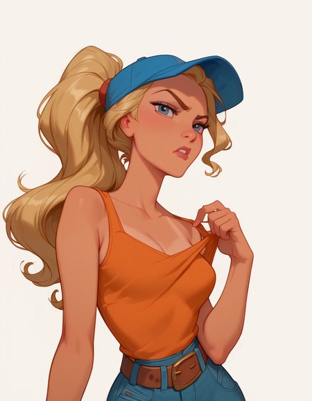 <lora:Disney_Style:.9> <lora:princess_xl_v2:.75> <lora:add-detail-xl:.9> <lora:g0th1cPXL:.3> <lora:Cherry-Gig:.45> <lora:Expressive_H:1> <lora:PLASTT_PonyV6:1> score_9, score_8_up, score_7_up, zPDXL, DisneyRenstyle, score_9,score_8_up,score_7_up,score_6_up, 
(white background, plain background, ambient lighting), (standing, 3/4 view),
1girl, solo, sexy 18 year old, (tan skin), blonde hair, ponytail, wavy hair, dark orange tank top, blue baseball cap, brown belt, jeans, white bandage on bicep,  
serious expression, annoyed, eyebrow raise, narrow eyes, flirty, grey eyes, slender, sexy pose, legs spread, 
perfect hands, 5 fingers, slender waist,