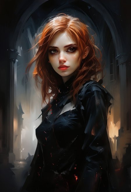 A ((vampire woman)) with Red hair and Luminous eyes looks at the camera smiling open mouth, Beautiful picture of the character, character portrait, black robe, character portrait, 🤤 Charlie Bowater character art, epic portrait illustration, подробныи character portrait, neo-artcore and Charlie Bowater, high quality portrait, fantasy concept art portrait, detailed matte fantasy portrait, charlie bowater art style, Detailed beautiful portrait, fantasy art portrait, dark, chiaroscuro, low-key, oil and watercolor painting