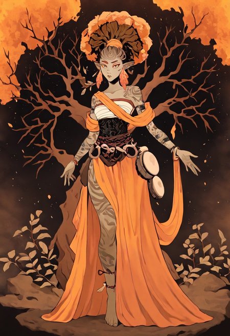 masterpiece, best quality, newest, absurdres, highres,  AGPV1.1, orange backgrond, monochrome,
1girl, EURY-V1.1, tree, tree on head, tree hair, plant girl, plant hair, orange eyebrows, plant humanoid, dryad, jewelry, yellow hair, tattoo, anklet, sarashi,