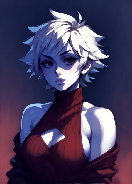 white skins, spiky red short tomboy hair, neutral expression, tight sweater, <lora:NAHIRI:1> nahiri, 1girl, solo, short hair, breasts, bare shoulders, white hair, colored skin, boob cutout, side boob,  <lora:RD-MAnon-XLV1.1:1>  female,, source_anime, score_9_up,  score_7_up, score_8_up