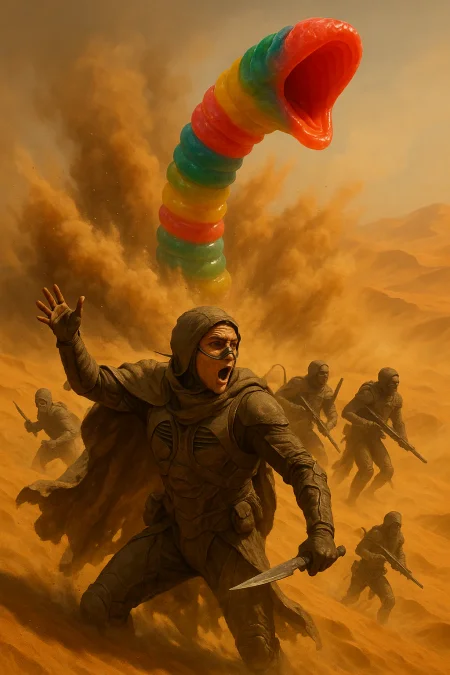 A photorealistic cinematic scene set on the harsh desert world of Arrakis, depicting a group of Fremen warriors clad in accurate stillsuits as seen in Dune (2021) — with form-fitting desert survival gear, face wraps, nose tubes, and worn dust-colored cloaks. They are mid-movement, positioned on a ridge of sand with weapons drawn, eyes locked on the massive disturbance behind them.

In the foreground, one Fremen soldier is captured mid-turn, yelling back over their shoulder with mouth open and one arm raised, urgently signaling to the others. Their cloak billows in the sand-choked wind, and their stance is braced — reacting to something catastrophic just behind.

From the dunes behind them, a colossal gummy worm breaches the desert surface with overwhelming force. The worm is smooth and rubbery in texture, its long segmented body striped in bright, classic gummy candy colors — glossy red, yellow, green, and blue. It stretches impossibly far into the sky, its huge open maw framed in flexible, candy-like ridges. It appears unnaturally real, rendered with full physicality and weight — gummy, but dangerous.

As it bursts through the sand, a massive cloud of dust and debris erupts outward, with a visible shockwave rippling through the scene. The explosion of sand kicks up waves of dust and partially obscures background details, while depth of field keeps the shouting Fremen and the worm sharply in focus. The environment is Arrakis in full: endless dunes, golden-orange haze, and brutal light.