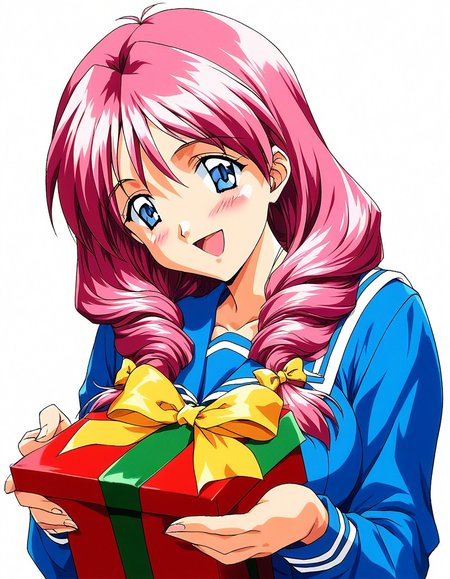 score_9, score_8_up, score_7_up, source_anime, rating_explicit, BREAK  <lora:Shirayuki_Mahoï¼Shirayuki_Miho_XL:1> shirayuki, pink hair, blue eyes, long hair, large breasts, hair over shoulder, 1990s (style), 
school uniform, retro artstyle, holding, long sleeves, gift, open mouth, yellow bow, holding gift, upper body, bow, smile, simple background, serafuku, blush, white background, box