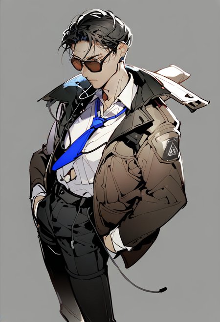 score_9, score_8_up, score_7_up, score_6_up, <lora:yoneyamaiXL_4T_lokrV_53P1:0.95> 1boy, male focus, blue necktie, solo, shirt, necktie, crypto \(apex legends\), pants, sunglasses, black hair, hands in pockets, white shirt, jacket, collared shirt, black pants, grey background, simple background, earphones