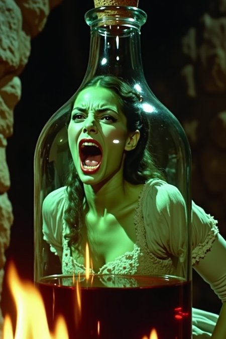 low quality 1980 movie screengrab of An upclose vivid portrayal of a fantastical scene. The main subject is a green-skinned woman, humanoid vampire screaming with visible fang while she is trapped inside in an object that appears to be a giant potion bottle. The woman is wearing a 17th century attire and her eyes are wide open, giving her an intense look. The background is dark, with a hint of a stone structure, possibly a temple or fortress, and there are flames at the bottom, adding to the magical ambiance. The overall color palette is dominated by earthy tones, with the green of the woman standing out against the darker surroundings ,vntgfnts style ,film grain,cinematic,blurry,lowres