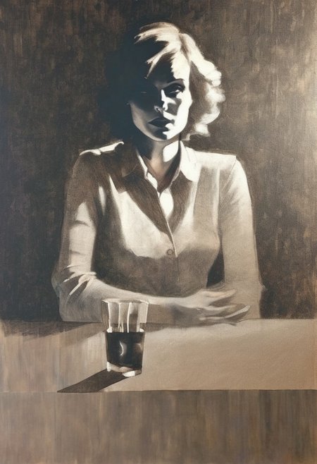 artmix06 woman at a bar, chiaroscuro shadow, detailed