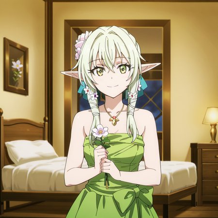 nsfw, masterpiece, best quality, amazing quality,1girl, solo, goblin_slayer_high_elf_archer, green dress, green eyes, necklace, sleeveless dress, hair ornament, jewelry, bow, green hair, holding, flower, collarbone, hair flower, smile, looking at viewer, hair between eyes, indoors, bedroom, bed, <lora:High_Elf_Archer_-_Goblin_Slayer:0.7>