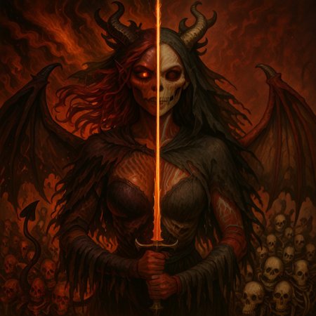 masterpiece, best quality, newest, absurdres, highres, 
DUSV1.0, split screen, split theme, dual persona, transformation, dark persona, holding sword, sword, holding weapon, holding, weapon,
1girl, red skin, red colored skin, demon girl, succubus, demon horns, horns, demon wings, demon tail, wings, horror (theme), monster girl, skull, skull mask, bones, skeleton, veil, veiled face, mask,