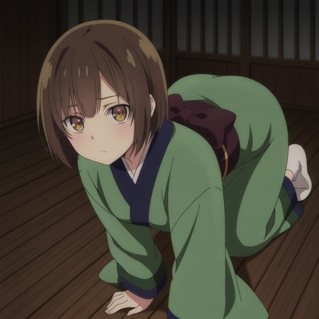 nsfw, masterpiece, best quality, 1girl, solo, seirei_gensouki_ruri, japanese clothes, green kimono, all fours, wooden floor, brown eyes, brown hair, short hair, looking at viewer,  bangs, indoors, <lora:Ruri_-_Seirei_Gensouki:0.7>