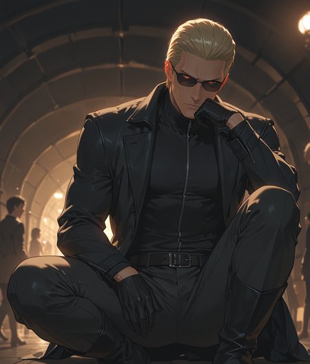 PonyScores7, source_anime, ah1
BREAK <lora:albertwesker-guy-PONYv1:0.8> albertwesker, albert wesker, 1boy, blonde, black gloves, (sunglasses:1.3), belt, black coat, black pants, looking at viewer, toned, athletic, fit, slicked back hair, black turtleneck, zipper, mature male, short hair, black boots, (black market dealer, dark clothing with a trunk full of illegal goods), (illuminated Tunnel of Dreams in a Amusement Park, a tunnel adorned with cascading lights, creating a dreamlike pathway through the park, The atmosphere is enchanting, inviting visitors to explore its depths), (focused, intense glare, apathetic, contemptuous), (reddish orange eyes, slit pupils), (angular face, sharp_featured face), handsome, charming, alluring
BREAK <lora:xl_more_art-full_v1:0.2>, <lora:shinyskin2:0.2> glistening skin, <lora:aesthetic_anime_v1s:0.2>, <lora:Expressive_H:0.2> Expressiveh, <lora:hairdetailpxl:0.2> hairdetailpxl, <lora:EpicF4nta5yXL:0.2>, <lora:detailxl:0.2> detailxl, <lora:Fant5yP0ny:0.2>, best quality, amazing quality, best aesthetic, absurdres, <lora:expressive eyes:0.2> expressive eyes, <lora:eyedetailpxl:0.2> eyedetailpxl, illustration, Volumetric_Lighting, ultra-detailed, very aesthetic, intricate details, 8k, masterpiece, best_quality
BREAK (Aerial view medium Close shot, focus on knees)
BREAK <lora:Eyes_High_Definition:0.3> EyesHD, Stable_Yogis_PDXL_Positives, AS-Adult, <lora:Complicated fantasy portrait - XL Pony V2.0:0.4>, bad-hands-5, AS-MidAged, <lora:HDA_Detailer:0.2>