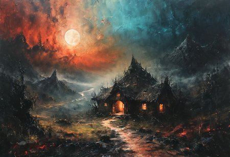 dark background, beautiful bright cloudy sky, gorgeous alien landscape, mountains, trees, earth houses, iridescent back glow, strong inner bright glow, fine details, bright light, ethereal, sparkling, sharp focus