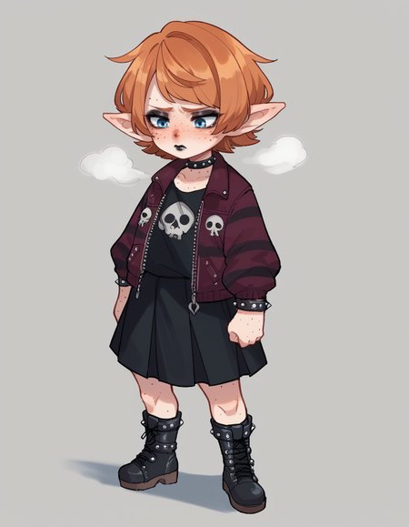 score_9, score_8_up, score_7_up, score_6_up, score_5_up, score_4_up, solo, 1girl, solo,
<lora:Popoka_v3:0.8> ppka, sad, villain pose, shortstack, emo girl wearing a maroon velvet jacket with patches, miniskirt skirt with chains, zip-up boots with punk design, black lipstick, smoky eyeshadow, heavy eyeliner, studded bracelet,choker necklace,, <lora:Popipi_v1:0.6> popipi, (lalafell), blue eyes, dark nose, freckles, orange hair, short hair, pointy ears, swept bangs,