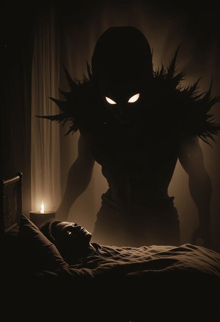 Dynamic picture. Night room, dark room, completely darkened room, sepia, grainy, eerie environment. Creepypasta - a terrible demonic creepy entity, something hanging over a man lying in bed, with very large eyes. A creepy look from the shadows. Sven37.