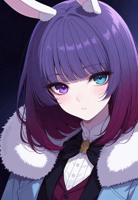 solo, close shot, portrait, ethereal, ultra-detailed, cinematic lighting, halfturned, particles, mesmerizing, 

bunny ears,

soft blush, 

1girl, medium purple hair, even bangs, red  vertical gradient hair, heterochromia, left eye purple, right eye blue, light blue coat, fur-trimed coat, dark red vest, white dress hem, golden ornament coat, [black pantyhose], 

(748cmstyle:1.3), 

masterpiece,best quality,amazing quality, detailed, 
