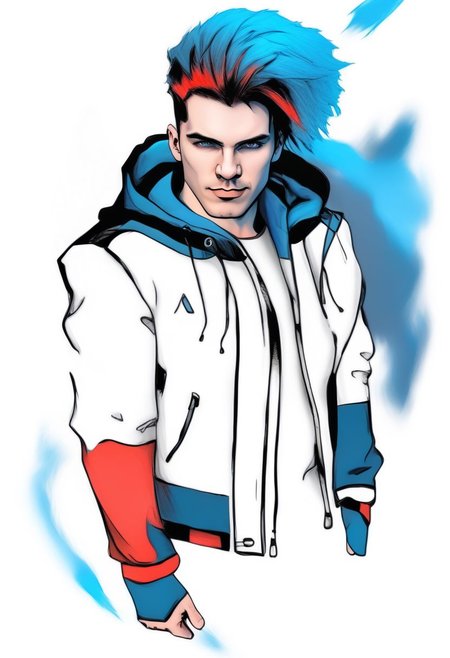 Duskfallcrew Art Style, solo, blue eyes, shirt, 1boy, white background, blue hair, jacket, male focus, open clothes, pants, hood, hair over one eye, red jacket, grimace, frustrated look,  masterpiece, official art, best quality,