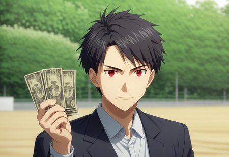 high resolution, solo, best quality, 1Boy, Yamato Ishida, Black Hair, Red Eyes, portraits, arrogant, holding a money, outdoor, Half Body, Depth Of Field, OverallDetail