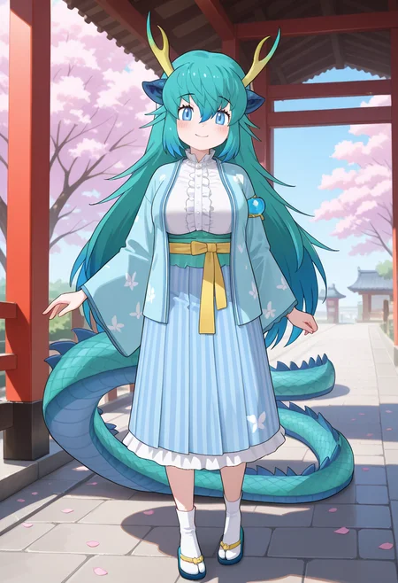1girl, <lora:blue_dragon_kf_ilxl_v1:1>, blue dragon \(kemono friends\), dragon girl, eastern dragon, dragon horns, antlers, horns, yellow horns, green horns, multicolored horns, horn flower, petals, cherry blossoms, dragon tail, tail, scales, multicolored hair, aqua hair, blue hair, green hair, very long hair, sidelocks, hair between eyes, hair ornament, blue eyes, large breasts, mature female, bldr2nd, kimono, blue kimono, open kimono, japanese clothes, shirt, white shirt, center frills, frilled shirt, frilled collar, yellow belt, skirt, print skirt, striped clothes, vertical-striped clothes, socks, tabi, flip-flops, zouri, footwear bow, full body, standing, blush, smile, looking at viewer, outdoors, blue sky, masterpiece, best quality, very aesthetic, absurdres