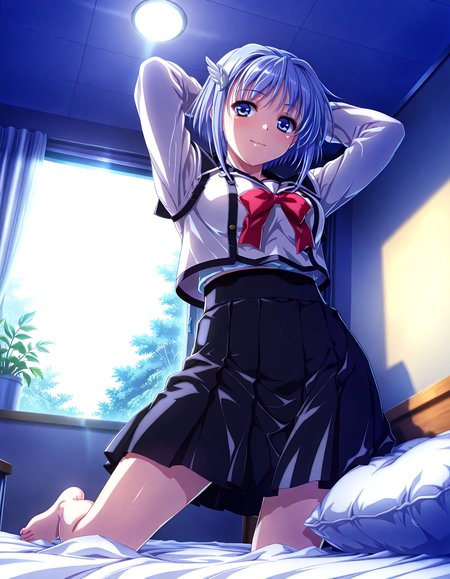 (1girl, solo:1.3), (2girls, 3girls, 4girls, multiple girls, 2boys, 3boys, 4boys, multiple boys:-1.5) <lora:Kajio_Honoka_Denshanai_de_Now_Illustrious:0.9>, kajio_honoka, medium breasts, blue eyes, blue hair, short hair, bangs, sidelocks, hair ornament, school uniform, serafuku, red ribbon, black skirt, pleated skirt, light smile, open eyes, general, contrapposto, dynamic pose, arms behind head, portrait, from side, from below, , indoors, infirmary, clean, (white theme:1.3), bed sheet, pillow, head on pillow, on bed, lying, on back, wide window, outdoor view, curtains, plant, potted plant, (perspective:0.7), barefoot, <lora:NOOB_EPSv1_1_detailer_by_vlnvk_v1_0:1.5>, (photo background:0.7), evening, (tachibana yuu:0.6), inue shinsuke, (kazuma muramasa:0.0), saikawa yusa, (aoi manabu:0.6), abarerumidori, (suzui narumi:0.6), masterpiece, newest, absurdres, 8K, anime screenshot, anime coloring, flat color, official art, film grain, <lora:illustriousXLv01_stabilizer_v1.185c:0.7>, <lora:LECO_Solo:-4.0>,