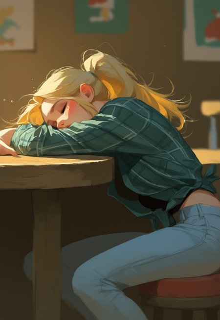  score_9, score_8_up, score_7_up, score_6_up, score_5_up, score_4_up, manga, girl, Tied hair, black shirt, dismal, gloomy, face clearly visible, dutch angle, semi-realism, noise effect, sharp details, safe_pos, VHS, 
BREAK 
girl in knotted shirt, 1girl, denim, shirt, torn pants, jeans, pants, blonde hair, freckles, plaid shirt, mole, torn clothes, mole under eye, ponytail, torn jeans, long hair, bar background, dust, American, sitting on stool chair, cowgirl, beautiful, attractive woman, semi-realistic, depth of field, realistic, sleeping, closed, drunk, blushing, head rest on arms, sleeping on table, fainted, unconscious, strings, 