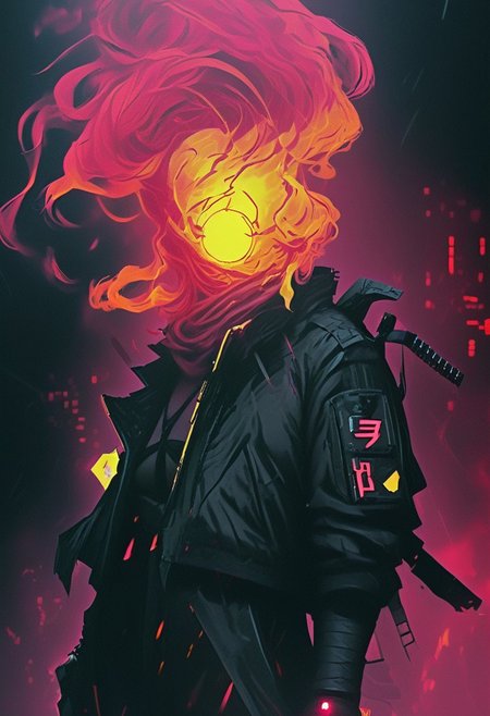 high-contrast palette, subtle grain, timeless feeling, cinematic quality, modern art photograph, cells woman wearing a black suit with a black shirt with a black vest with a black necktie, burning-head, Create a close-up image of a cyberpunk assassin with translucent yellow and dark-red burning-head, her long, disheveled long translucent ethereal hair blows in the wind, ethereal billowing hair,