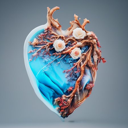 heartart , realistic snow heart  made out of wood and marble and roses, render,dblx,  cgi, 3d, extremely detailed,blue ice veins, colored backdrop, photohelper