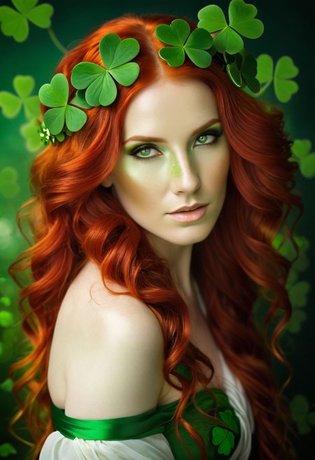 Gorgeous Woman with alabaster skin,bright red flowing locks, getting dressed for saint Patrick's day. Saint Patrick's Day and Celtic culture fantasy twist by beutiful woman, bright greens with pops of four leaves clovers, lustfull deep gaze, soft lighting highlighting delicate facial features echoing a wanton wain for ecstace with a hint of  Nihilcore celtic aesthetics