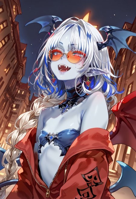 score_9, score_8_up, score_7_up, score_6_up, score_5_up,  Stable_Yogis_PDXL_Positives, freng, Asanagi,
streaked hair, long hair, parted bangs, single braid, lace turtleneck, bare shoulders, open jacket, long sleeves, off shoulder, sweatpants, orange round sunglasses, tinted eyewear, contrapposto, dutch angle, smug, open mouth, fangs, from below, city, night, (Beautiful) mature female,
BREAK
(score_9, score_8_up, score_7_up), (Masterpiece), (expressive eyes), 1girl, Expressiveh,
Devil, colored skin, (blue_skin:1.8), leathery wings, prehensile tail, spade-tipped tail, head wings, pointy ears, flat chest,
<lora:MGE_V5.1:0.5>