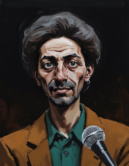 surreal painting, portrait of an Iranian man, standup comedian on stage, holding a microphone, age 18, smile, dark theme, abstract painting background,  <lora:DiscoDeliriumXL-v1.2:0.9>