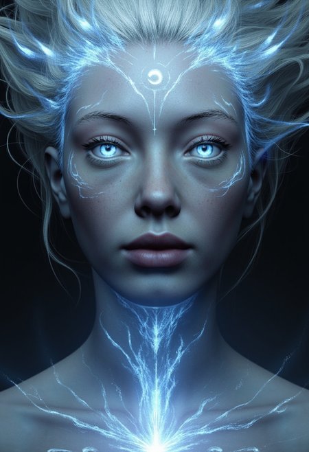 (in Boris Vallejo style:1.4), (masterpiece:1.2) A mysterious female entity with skin like moonlit marble stares forward, her piercing, silver-flecked eyes framed by long, dark lashes that add intensity to her gaze. Her face is flawless, with sharp cheekbones and full, slightly parted lips that shimmer with a soft, otherworldly light. Ethereal symbols, glowing faintly, curve across her forehead and temples, suggesting ancient magic. Flowing, silver hair surrounds her, blending with a nebula-like aura that radiates a gentle, silvery-blue light. Soft wisps of mist curl around her shoulders, accentuating her enigmatic presence. (hyperdetailed facial symbols and glowing aura:1.1), (intricate eye reflection and misty aura:1.1), (Refined mystical atmosphere:1.1), (best quality:1.1), (high resolution:1.2)