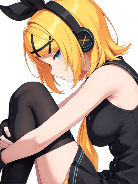 masterpiece,best quality,newest,
1girl,solo,
medium breasts,<lora:s_k_rim_ilxl_v1.0:1>,h_b,hair bow,h_p,headphones,rin,x hair ornament,swept bangs,blonde hair,blue eyes,short hair,r_clothes,sblack sailor collar,yellow neckerchief,sleeveless dress,black short dress,fingerless gloves,black_thighhighs,
<lora:Fixhands_anime_bdsqlsz_V1:1>,upper_body,sideways_glance,looking_at_viewer,white_background,simple_background,profile,parted lips,tie,hugging own legs,narrowed eyes,expressionless,