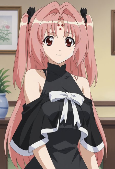 <lora:Miharu_Sena_Kanaka-Girls_Bravo:0.8>,1girl,solo,Miharu Sena Kanaka,pink hair,long hair,two side up,red eyes,forehead mark,hair ribbon,black dress,bare shoulders,looking at viewer, upper body, smile,indoors